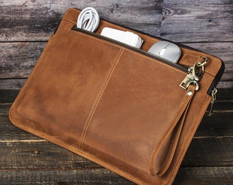 Leather Macbook Computer Liner Case, Leather Messenger Bag For Men, Slim Laptop Briefcase, Monogram Work Leather Anniversary Gifts For Him