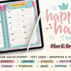 Könnte beinhalten: Ein digitaler Planer mit einem rosa und blauen Cover, auf dem der Text "happy habit planner" und der Slogan "Plan it. Live it. Love it." zu sehen sind. Der Planer enthält einen Jahreskalender, Tages- und Wochenplaner, Journalseiten, Projektseiten, Ernährungstracker, Fitnesstracker und vieles mehr. Der Planer ist kostenlos und zum Download verfügbar.