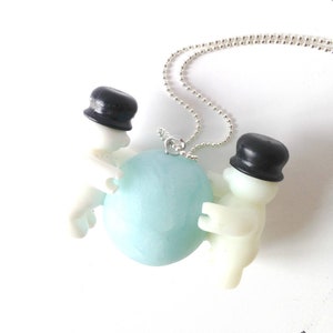 Necklace THE SNOWBALL EFFECT miniature playing snowmen with giant snowball glow in the dark handmade by The Sausage image 1