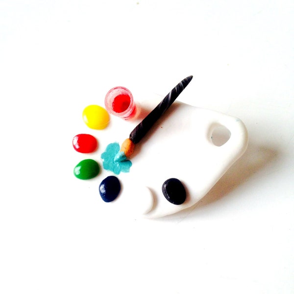 Broche LA PALETTE blanche et multicolore avec mini verre rempli miniature en pâte polymère cadeau artiste par The Sausage