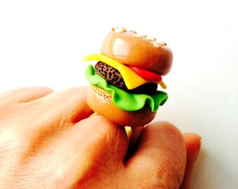 Ring BIG BURGER miniature hamburger perfectly grilled well done meat polymer clay handmade by The Sausage original idea March 2020