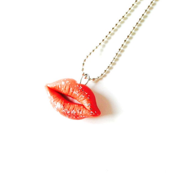 Necklace The FROSTY KISS little pink glitter mouth polymer clay handmade by The Sausage