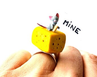 Ring YOU ARE MINE miniature mouse with swiss cheese polymer clay miniature sign adjustable ring by The Sausage