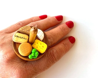 Ring The FRENCH CHEESE BOARD statement ring miniature cheeses wood polymer clay silver colored band by The Sausage