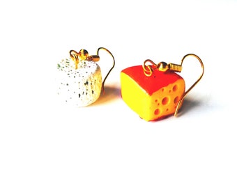 Earrings dangles THE CHEESE ADDICT miniature cheeses swiss cheese and goat's cheese polymer clay by The Sausage