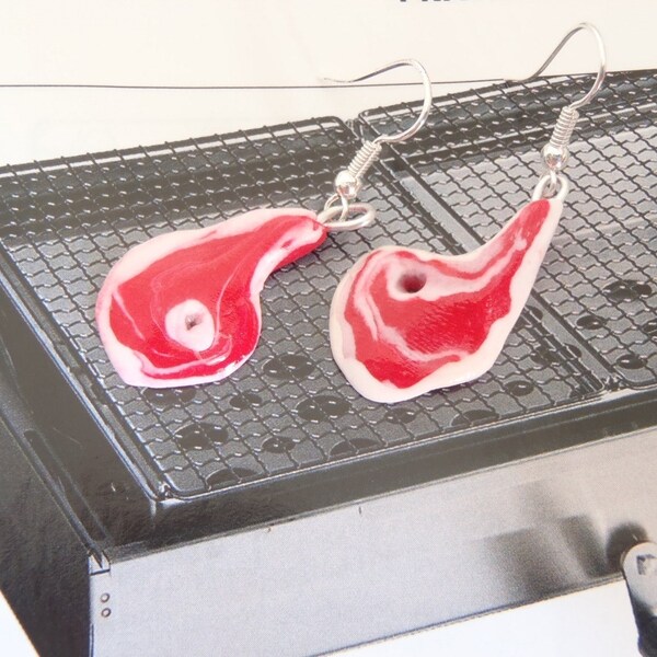 Earrings dangles THE LITTLE CHOPS barbecue earrings polymer clay steak earrings by The Sausage original creation 2012