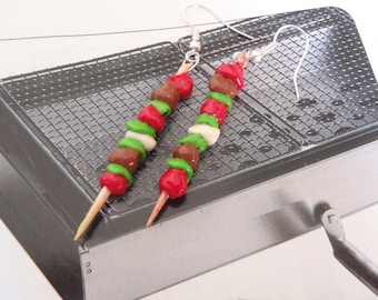 Earrings dangles The LITTLE SKEWERS made to order multicolored polymer clay meat vegetable barbecue Earrings by The Sausage