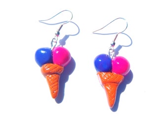 Earrings BLACKCURRENT RASPBERRY sherbet ice cream-- Miniature polymer clay ice cream dangle earrings  by The Sausage