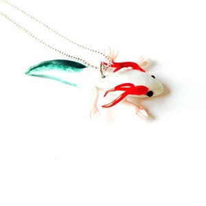 Necklace THE AXOLOTL footed fish red white green polymer clay by The Sausage zdjęcie 2