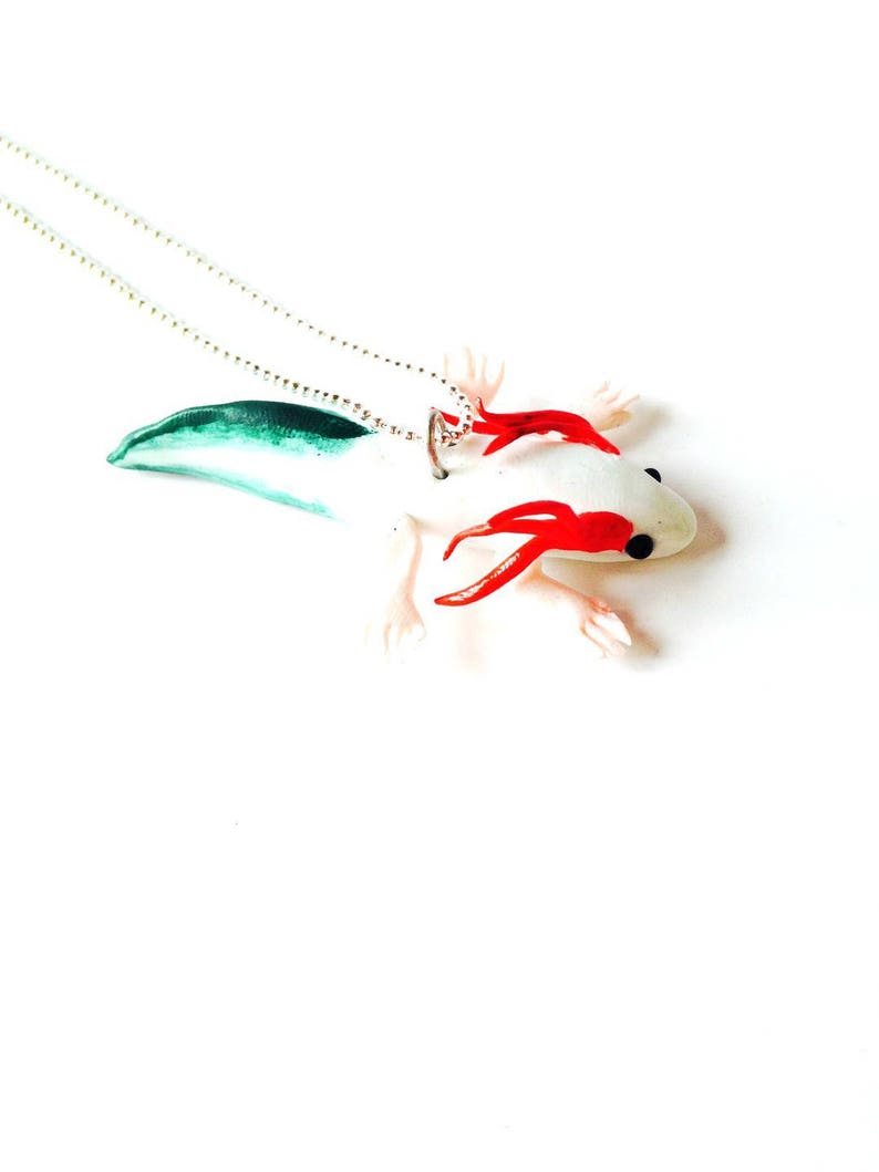 Necklace THE AXOLOTL footed fish red white green polymer clay by The Sausage 画像 2