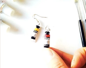 Earrings dangles The TUBES of PAINT miniatures red and yellow polymer clay handmade by The Sausage