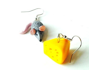 Earrings dangles THE GOOD LIFE miniature mouse and cheese polymer clay cute handmade jewellery by The Sausage