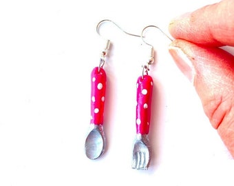 Earrings BON APPÉTIT miniature spoon and fork handmade with polymer clay fuchsia pink with polka dots by The Sausage