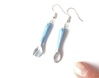 Earrings BON APPÉTIT miniature spoon and fork polymer clay sky blue handmade hand painted by The Sausage