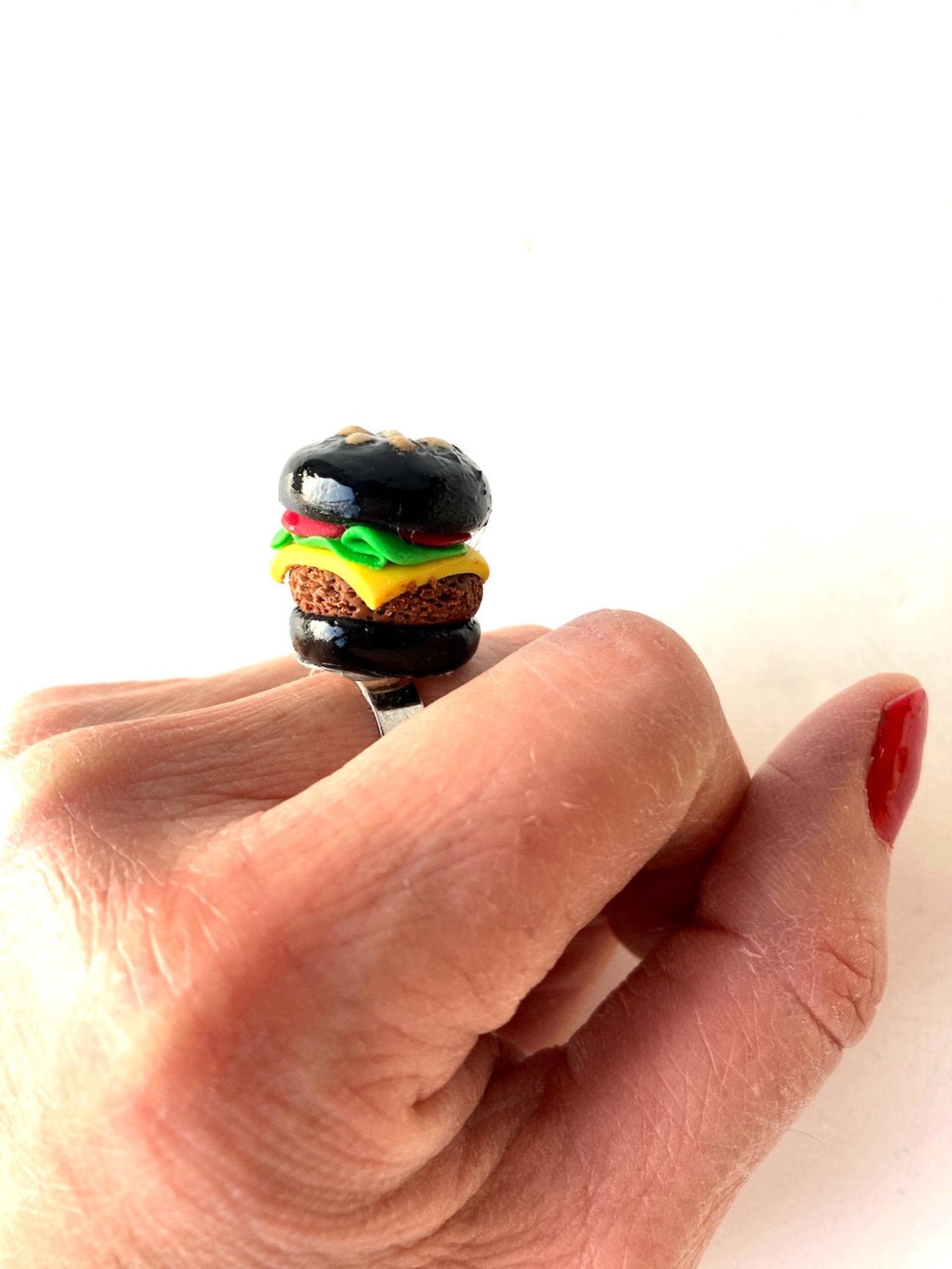 PICK your BURGER jewels handmade miniature black or regular hamburger foodie ring or earrings by The Sausage