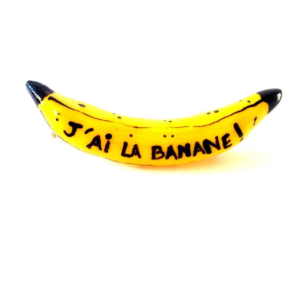 Broche J'AI LA BANANE banane miniature en pâte polymère faite main jaune et noire par The Sausage