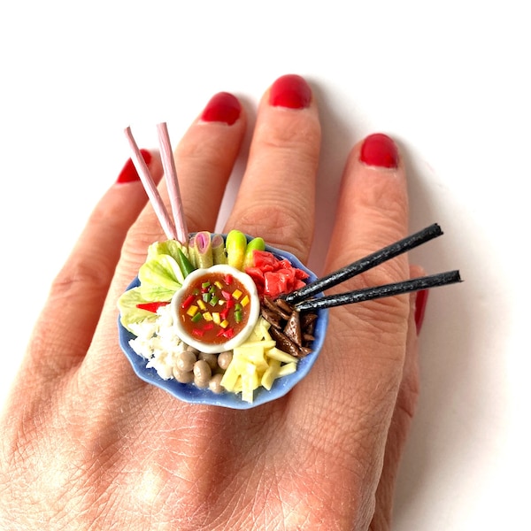 Ring I'm very very HUNGRY miniature asian food plate with chopsticks for two adjustable ring by The Sausage