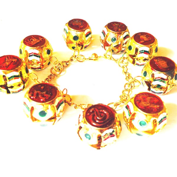 Bracelet THAÏ BANGKOK CHINATOWN grandes perles grelots chinoises dorées laquées rouges symboles animaux bijou par The Sausage