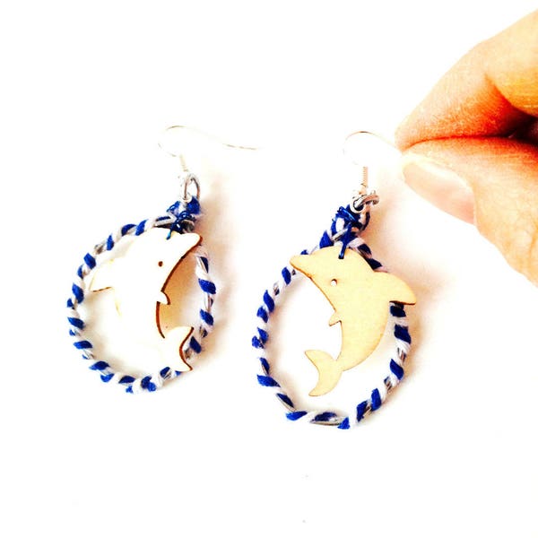 Earrings dangles THE DOLPHINS Handmade loop earrings with wooden charm teardrop shape blue and white by The Sausage