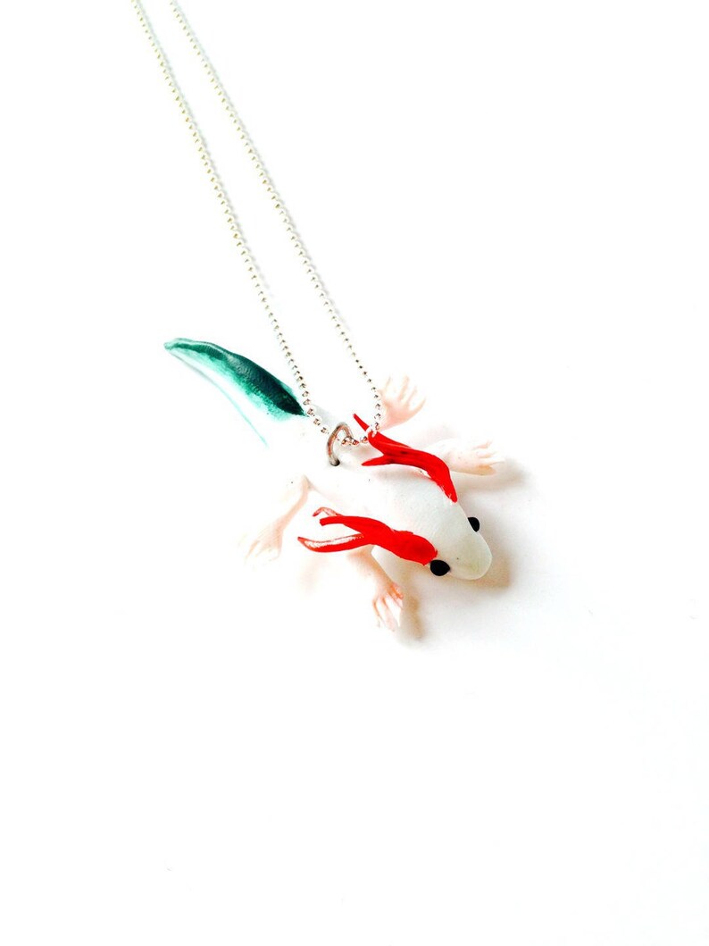 Necklace THE AXOLOTL footed fish red white green polymer clay by The Sausage zdjęcie 1