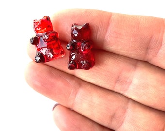 Stud earrings Little CHERRY BEARS clear red bears transparent push back so cute handmade resin by The Sausage