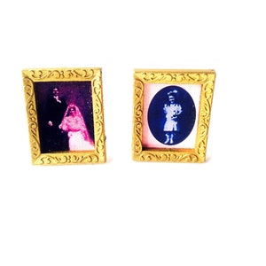 Earrings clipons THE FAMILY miniature photographic portraits gold tableaux handmade upcycled by The Sausage