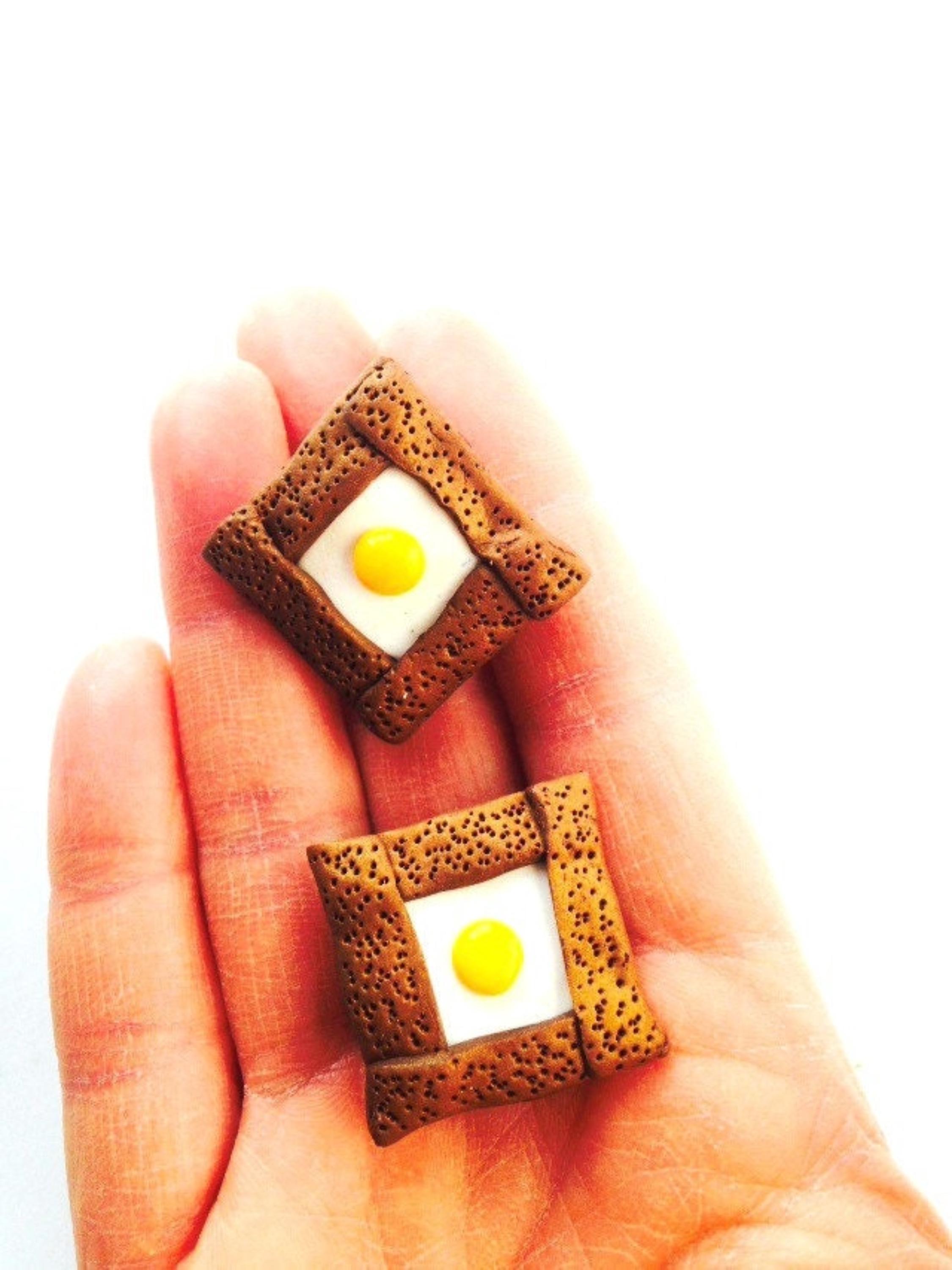 Earrings clip ons THE GALETTES made to order crèpes bretonnes with egg miniature food earrings handmade by The Sausage