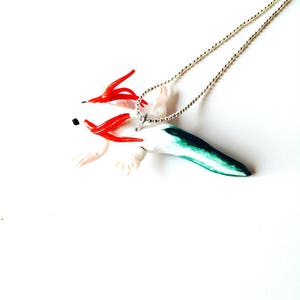 Necklace THE AXOLOTL footed fish red white green polymer clay by The Sausage zdjęcie 5