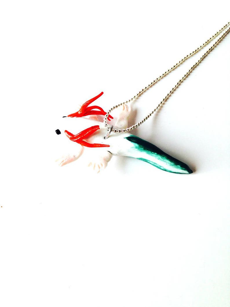 Necklace THE AXOLOTL footed fish red white green polymer clay by The Sausage zdjęcie 5