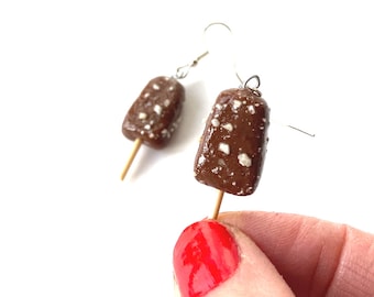 Food earrings dangling CHOCOLATE POPSICLES with hazelnuts miniature ice cream dangles handmade earrings by The Sausage