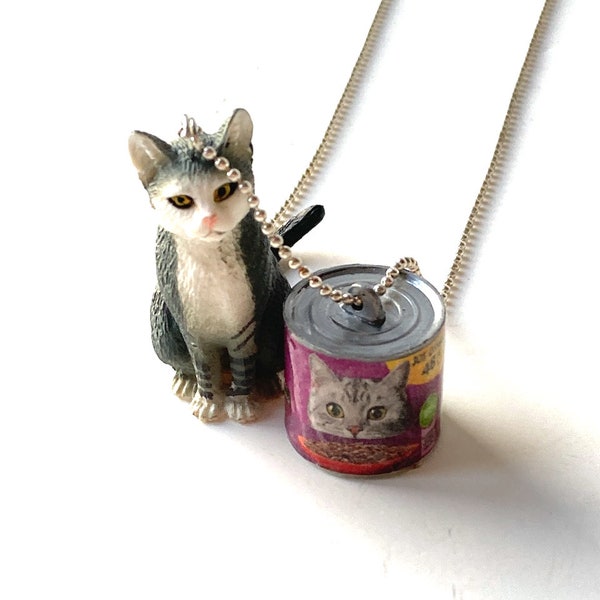 Necklace THE GREEDY CAT upcycled charm with miniature plastic cat charm and upcycled handmade cat tin long chain The Sausage Jewels