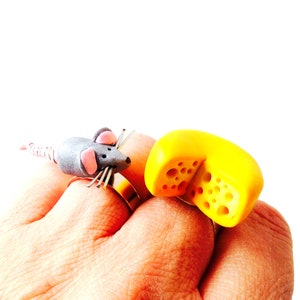 Double ring THE GOOD LIFE miniature mouse and cheese made to order polymer clay by The Sausage