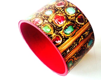 Bracelet wide bangle Detail of ornament of a Book of Hours ruby and turquoise stones gold upcycled cardboard by The Sausage