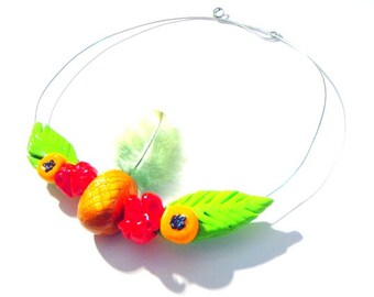 Necklace, choker EXOTIC, polymer clay tropical necklace pineapple, maracuja, hibiscus and wire, handmade by The Sausage