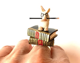 Ring The LIBRARY RAT bookworm miniature rat with pile of mini books handmade statement ring animal ring by The Sausage