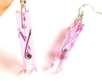 Earrings PINK PEGS transparent pink acrylic dangles cute gift by The Sausage