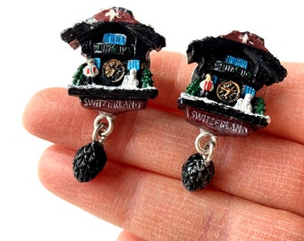 Earrings clip on earrings THE CUCKOO CLOCK Miniature chalets cuckoo clocks earrings ceramic handmade earrings by The Sausage