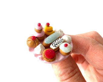 Ring PASTRY PARTY miniature plate of French pastries pastel colored handmade miniatures by The Sausage