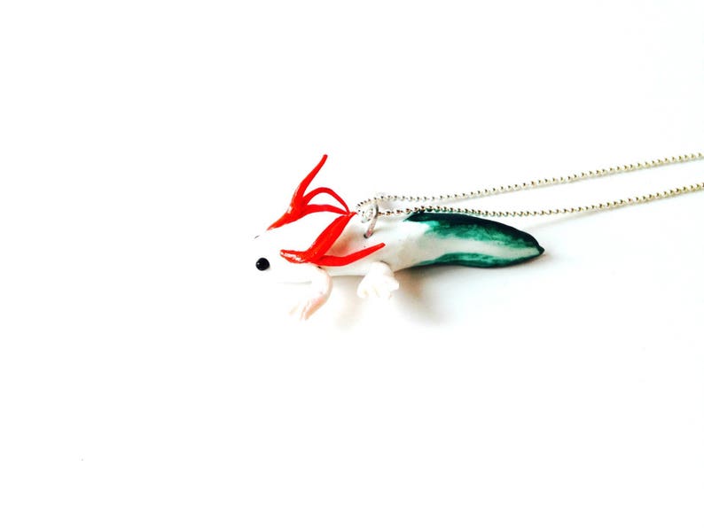 Necklace THE AXOLOTL footed fish red white green polymer clay by The Sausage 画像 4