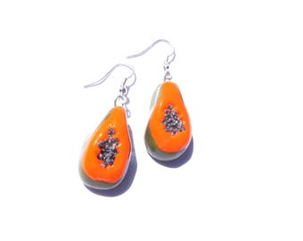 Earrings PAPAYA SWEET miniature dangling papaya earrings handmade by The Sausage Original creation June 2012