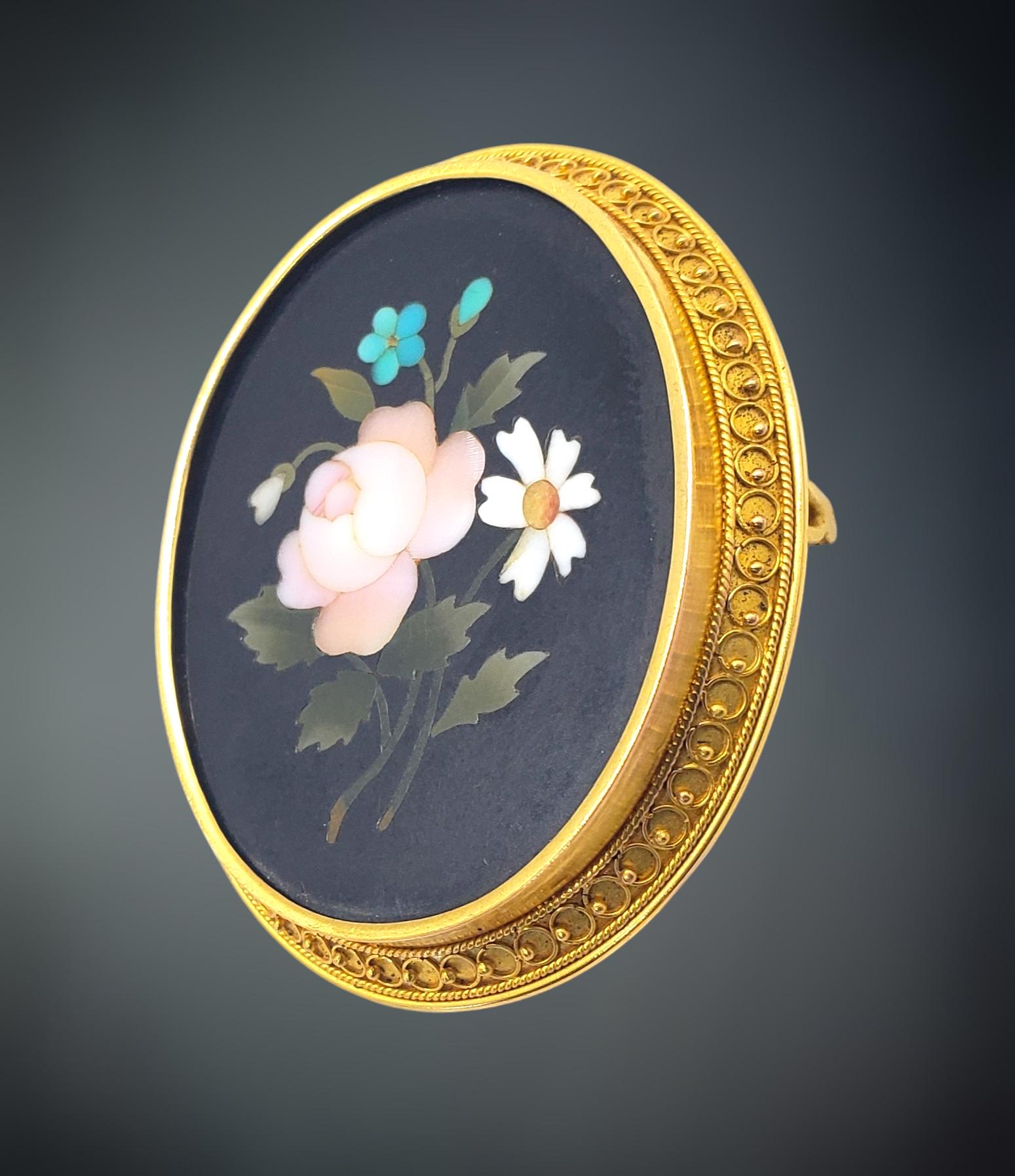 Antique 14K Pietra Dura Brooch Pendant, Florentine Mosaic Bouquet Brooch Pin