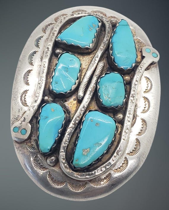 Effie C ZUNI Heavy 925 Sterling Silver Turquoise Inlaid  display picture 1