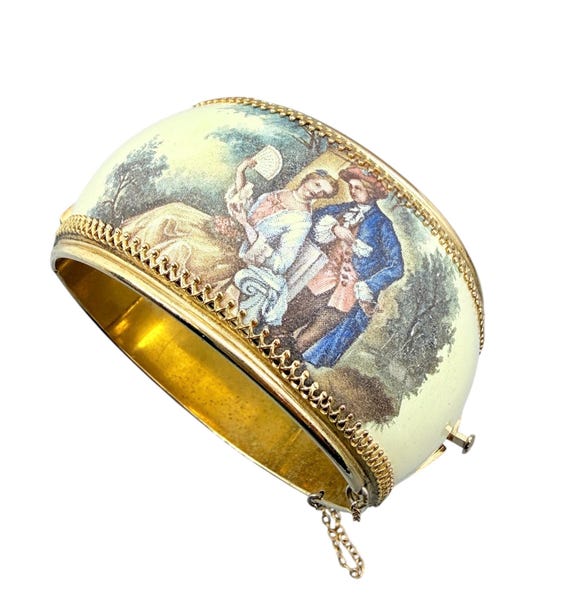 Vintage Whiting & David Co Goldtone Enamel Victorian Courting Scene Bracelet