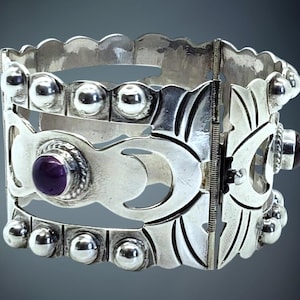 Art Deco Mexico Taxco Amethyst Wide 925 Sterling Silver Hinged Panel Bracelet 84g