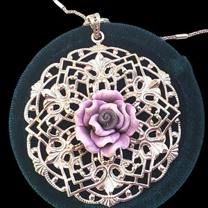 Vintage Ornate Sterling Silver Porcelain Rose Gold Plated Pendant Necklace, Pink Porcelain Rose, Filigree Pendant, Solid Sterling
