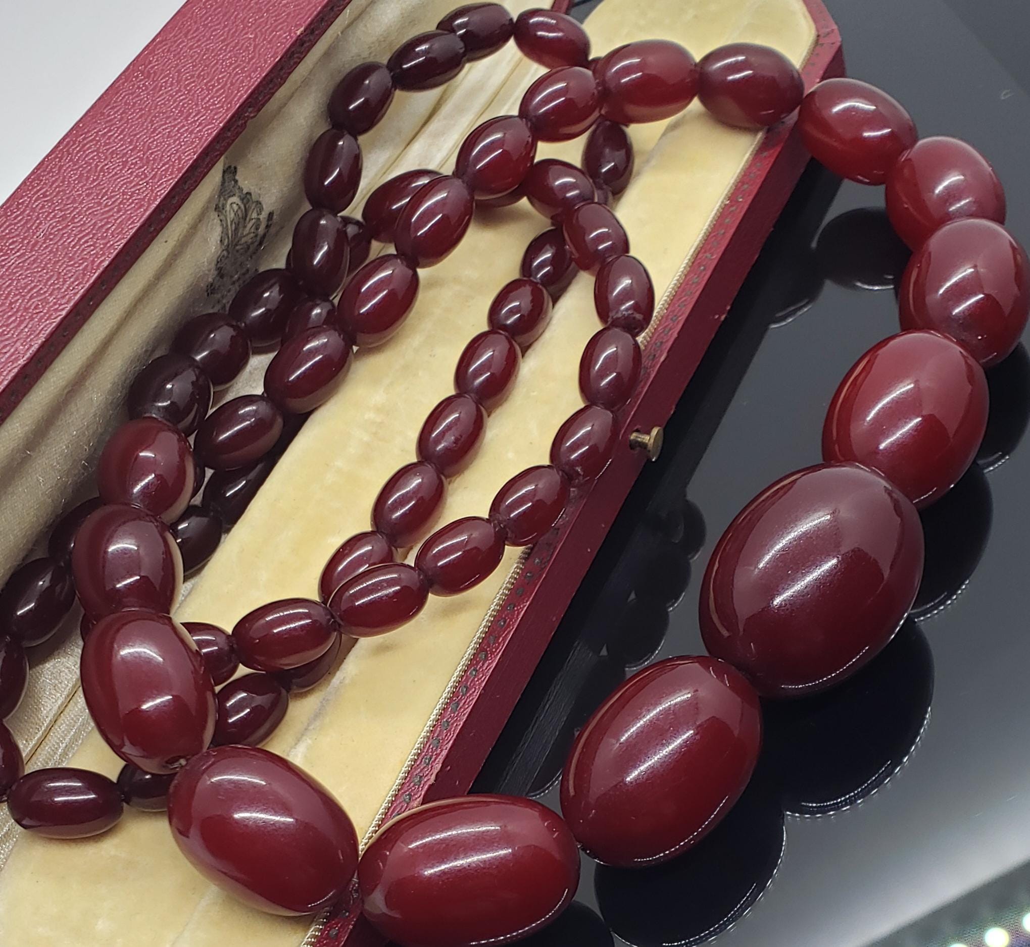 Antique Faturan Cherry Amber Bakelite Beaded Necklace Large 84