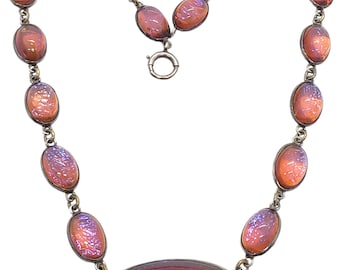 Exquisite Antique 925 Sterling Dragon&#39;s Breath Glass Jelly Opal Czech Necklace, 1900s, rivière