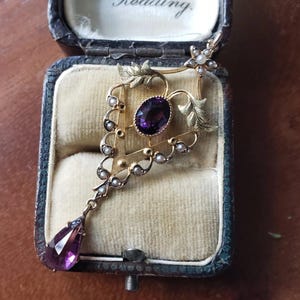 Antique Art Nouveau 9k Gold Amethyst and Seed Pearls Lavalier Necklace Pendant