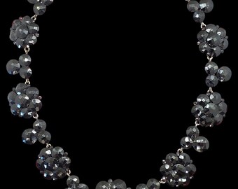 Rare Antique Georgian Victorian Black Vauxhall Glass Necklace With Floral Motifs, By London Jeweller Charles Packer 1830s-1914