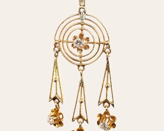 Collana con ciondolo in oro francese antico 10K con diamanti, diamanti naturali scintillanti